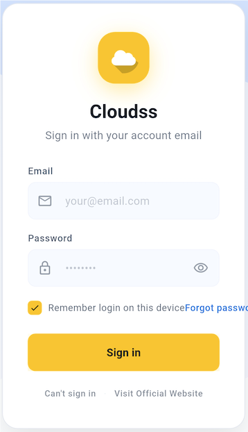 Cloudss Android login screen